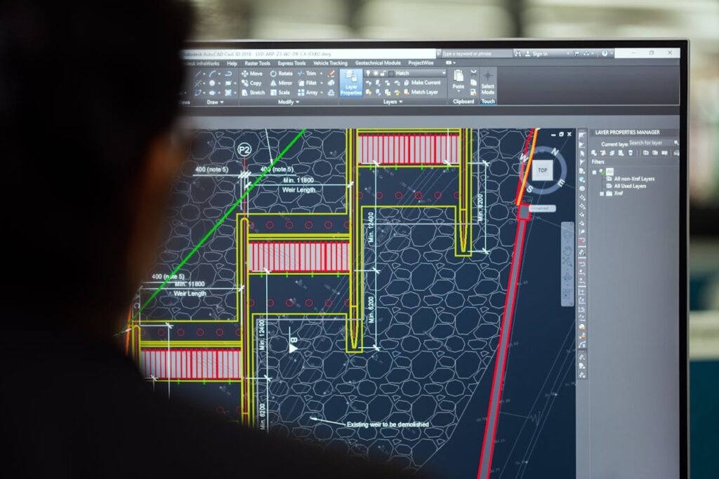 pexels-photo-3862379 A civil engineer working on a weir design using CAD software on a computer screen in an office setting.